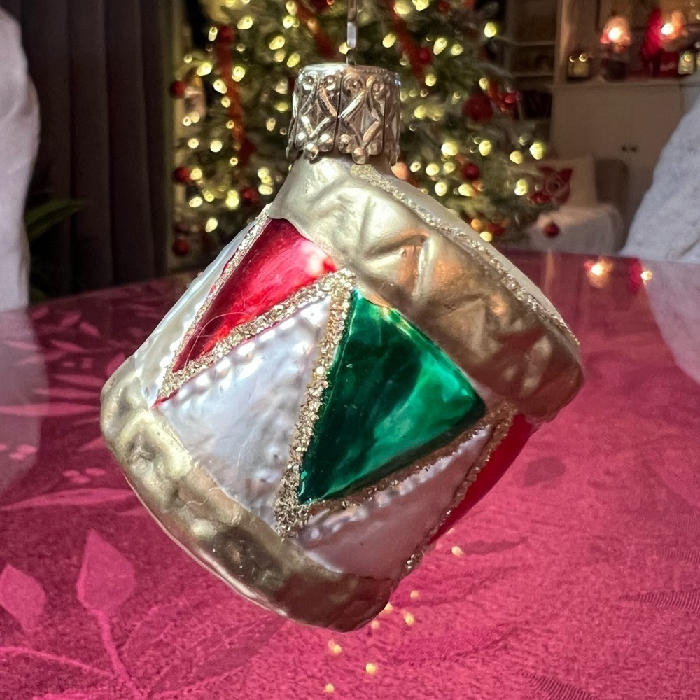 Toy Drum Ornament Hand Blown Glass Christmas Tree Little Drummer Boy Gold Red